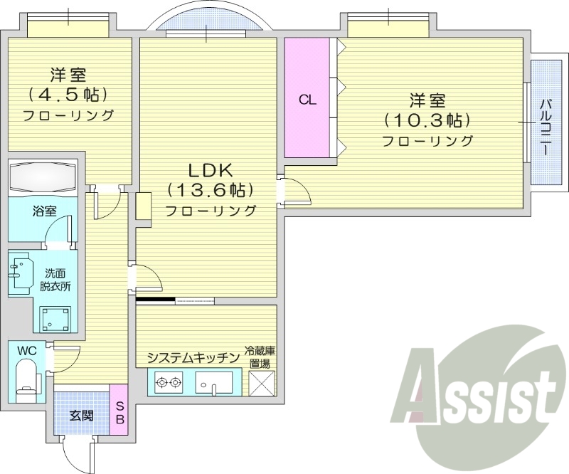 2LDK、バルコニー、システムキッチン、バストイレ別