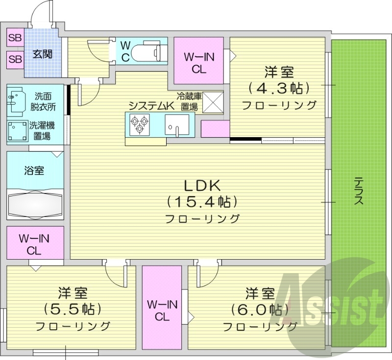 3LDK、都市ガス、エアコン、システムキッチン