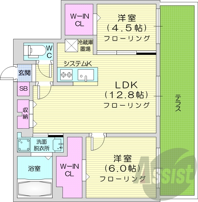 2LDK、都市ガス、エアコン、システムキッチン