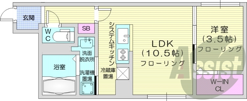 1LDK、エアコン、都市ガス、システムキッチン