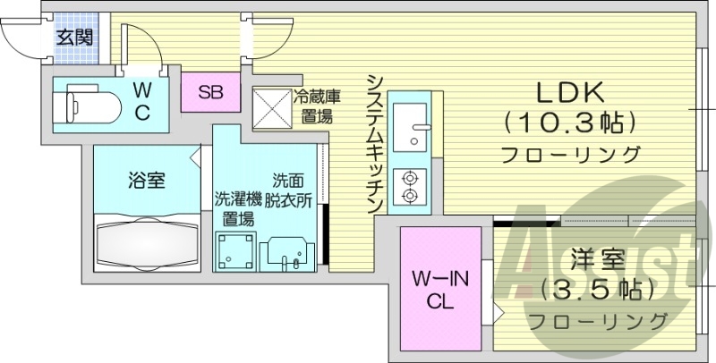1LDK、都市ガス、エアコン、システムキッチン