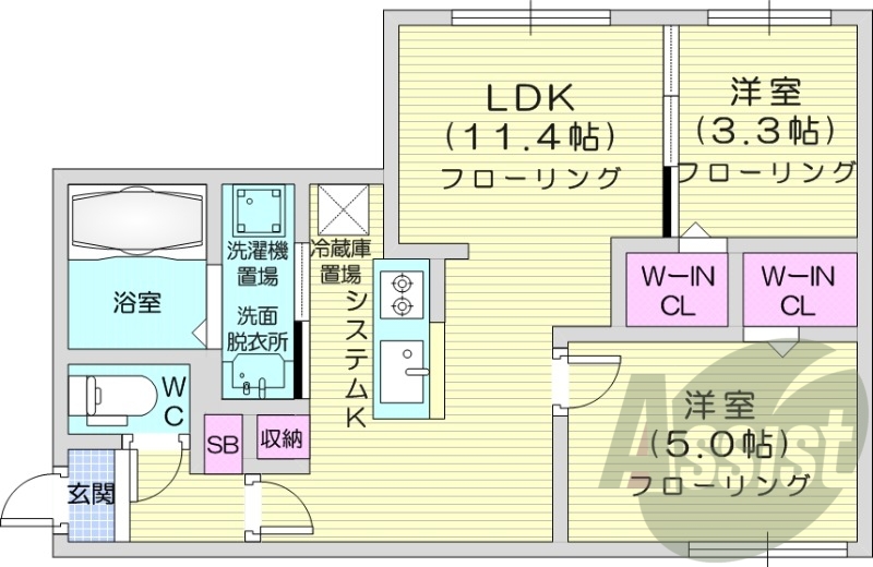 2LDK、都市ガス、エアコン、システムキッチン