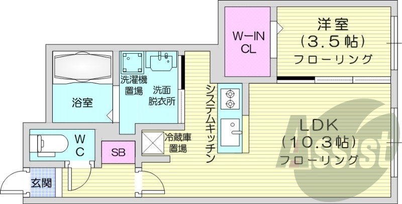 1LDK、都市ガス、エアコン、システムキッチン