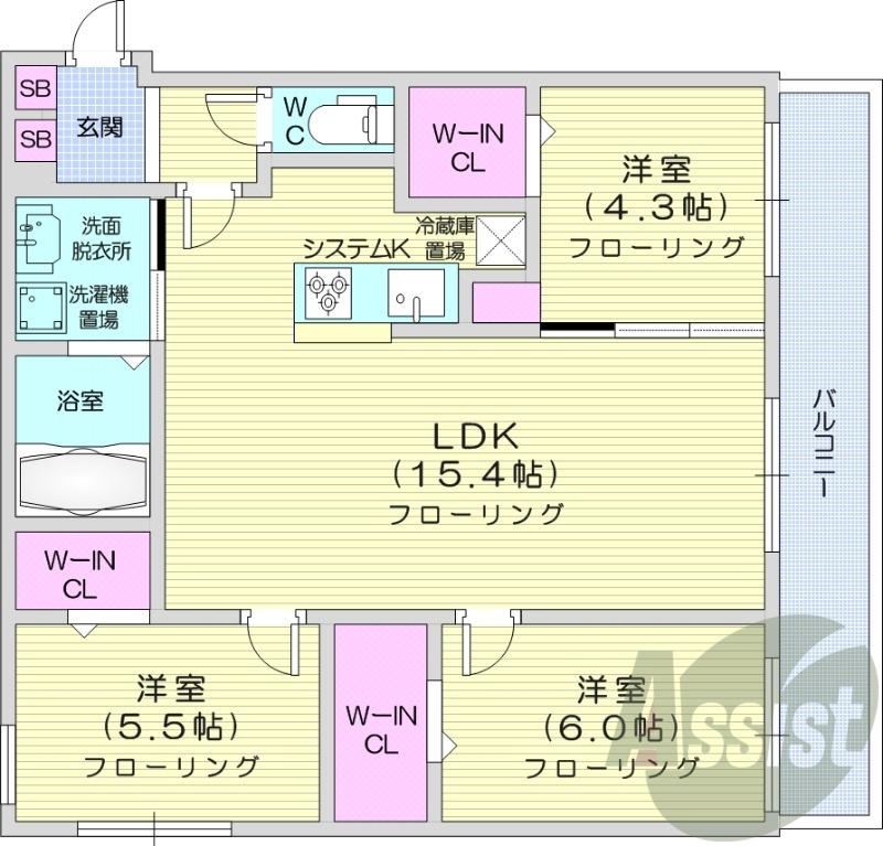 3LDK、都市ガス、エアコン、システムキッチン
