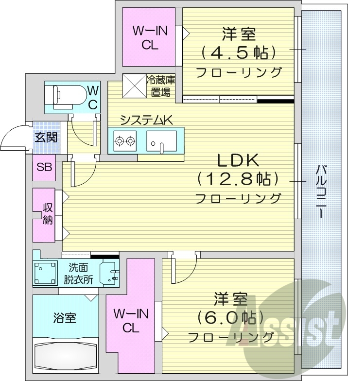 2LDK、都市ガス、エアコン、システムキッチン