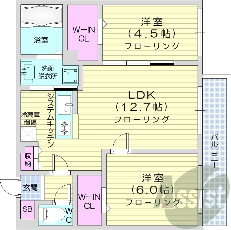 2LDK、都市ガス、エアコン、システムキッチン