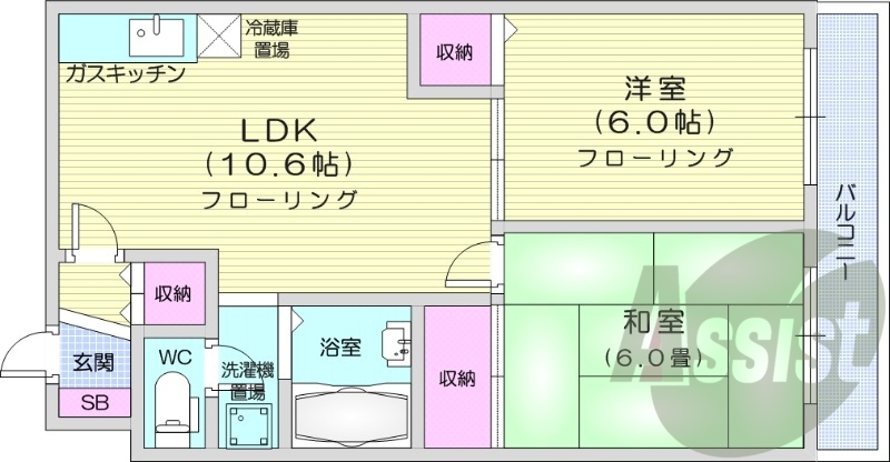 2LDK、洗面台、ガスキッチン、灯油暖房、