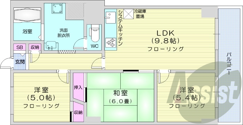 3LDK、都市ガス、バストイレ別、システムキッチン