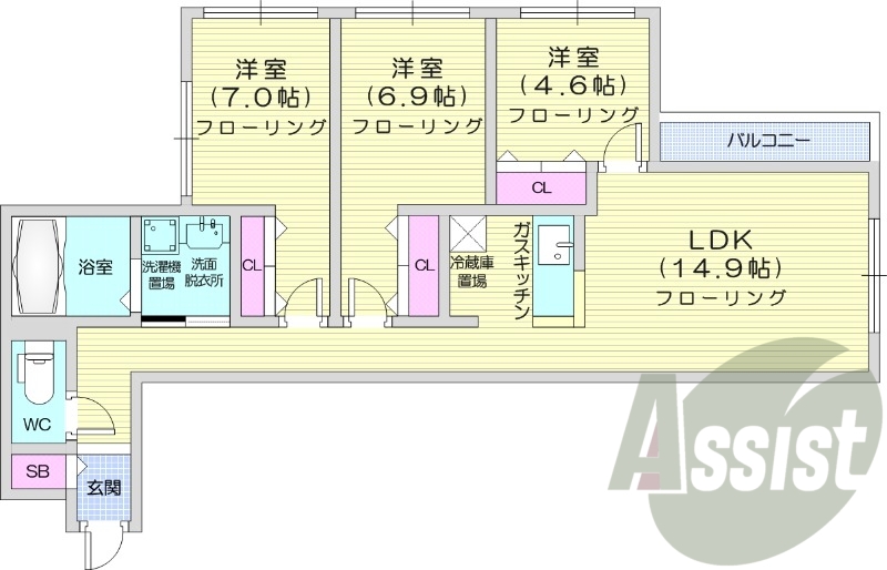 3LDK、ネット無料、エアコン、ペット可、追い炊き