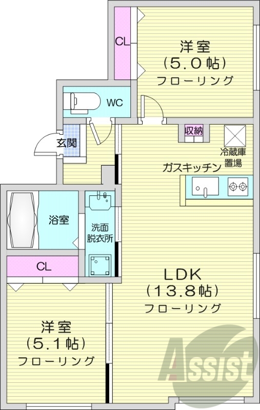 2LDK、エアコン、都市ガス、ネット無料