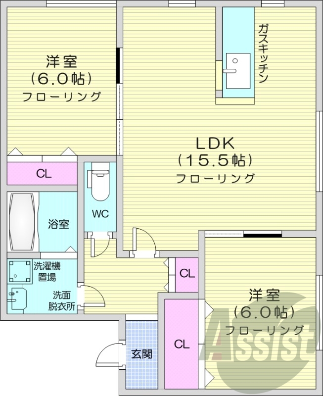 2LDK、モニターホン、洗髪洗面化粧台、収納
