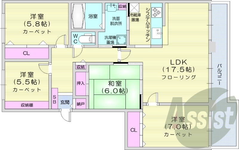 4LDK、都市ガス、分譲タイプ、システムキッチン