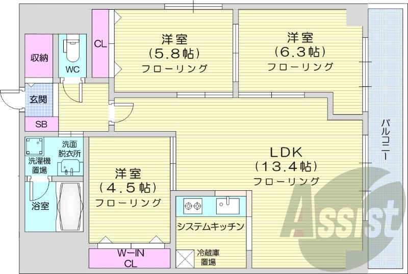 3LDK、エアコン、独立洗面台、システムキッチン