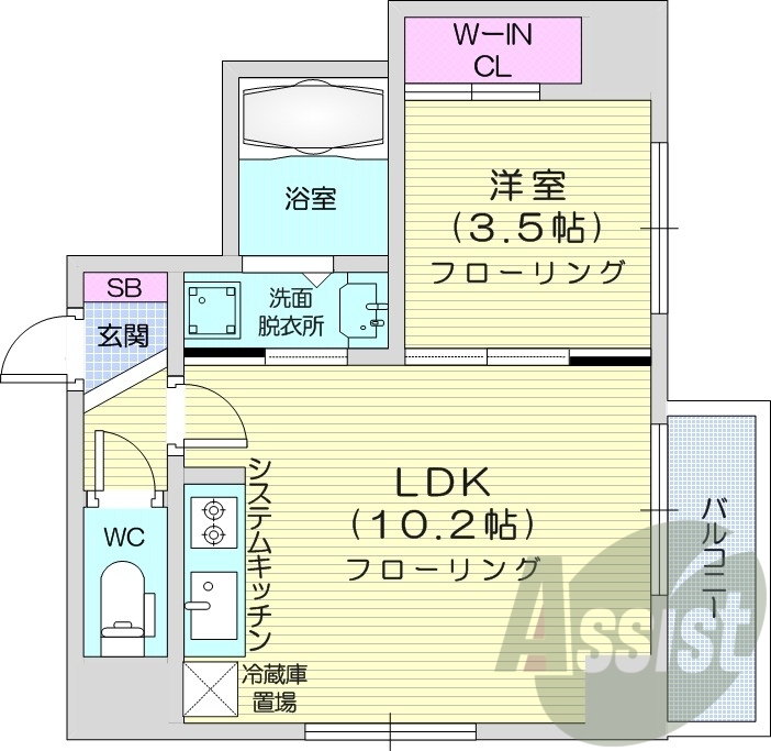 1LDK、都市ガス、角部屋、ウォークインクローゼット