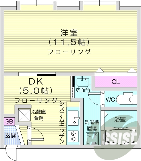1LDK 、システムキッチン、クローゼット、都市ガス