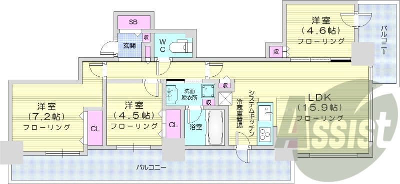 3LDK、分譲賃貸、床暖房、エアコン、食洗器、追い焚き