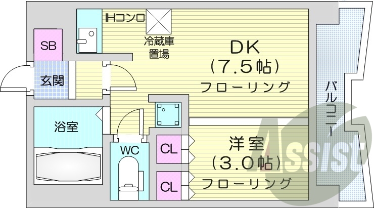 1DK、クローゼット、システムキッチン