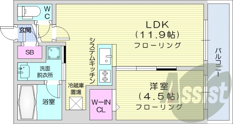 1LDK、都市ガス、エアコン、システムキッチン、ネット無料