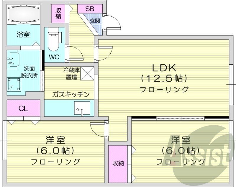 2LDK、灯油暖房、TVインターホン、洗面台