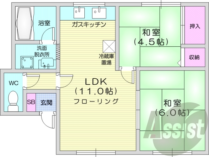 2LDK、独立洗面台、灯油暖房、風呂トイレ別