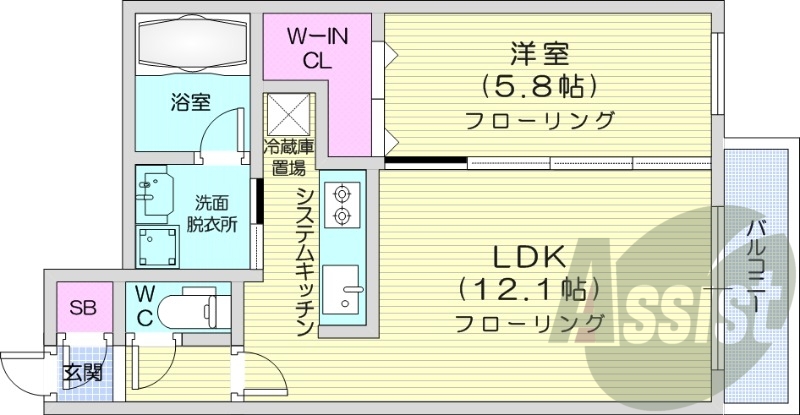 1LDK、システムキッチン、ウォークインクローゼット