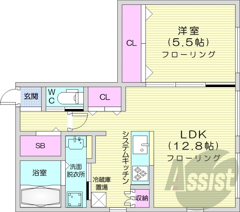 1LDK、エアコン、ネット無料、システムキッチン