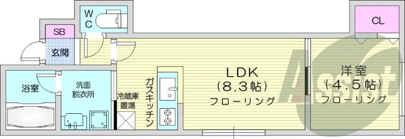 1DK、バストイレ別、ＴＶモニターホン、シャンドレ
