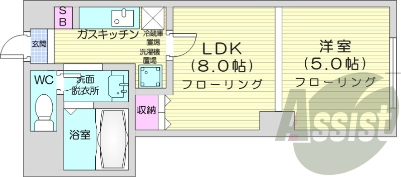 1LDK、オートロック、バストイレ別、独立洗面台