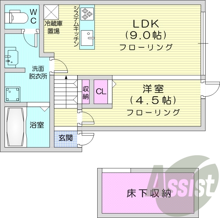 1LDK、床下収納、ペット相談可、エアコン