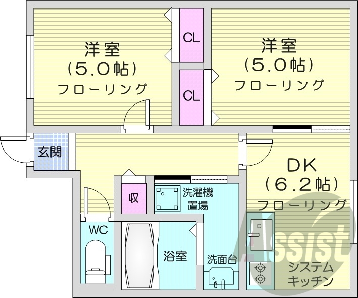 2DK、システムキッチン、モニタ付インターホン