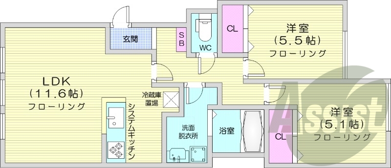 2LDK、独立洗面台、システムキッチン、灯油暖房
