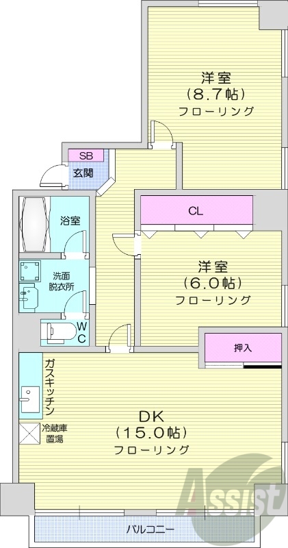 2LDK、分譲タイプ、都市ガス、バルコニー