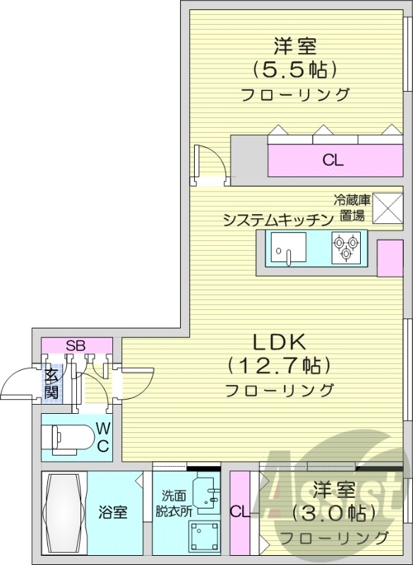 2LDK、エアコン、都市ガス、ペット可