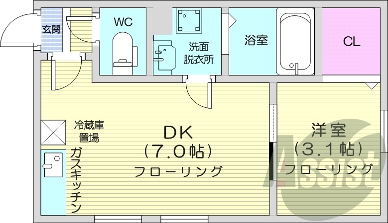 1DK、灯油暖房、エアコン、モニターホン、洗濯機置場