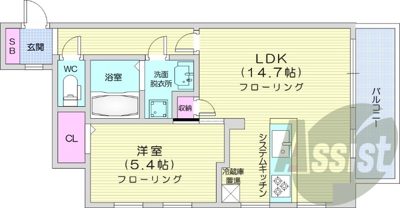 1LDK、都市ガス、エアコン、システムキッチン
