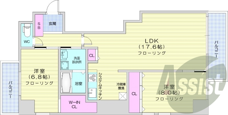 2LDK、都市ガス、エアコン、システムキッチン