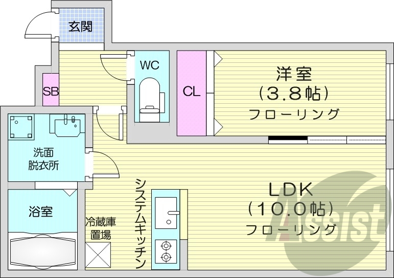 1LDK、エアコン、浴室乾燥機、システムキッチン