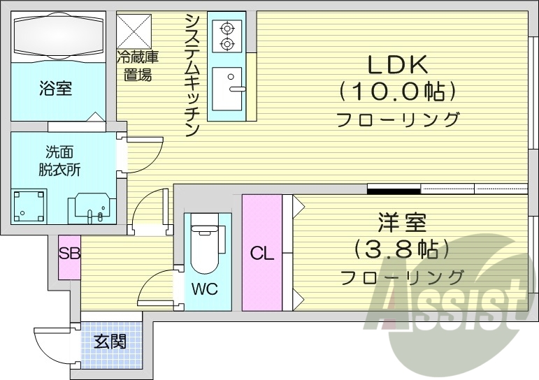 1LDK、エアコン、浴室乾燥機、システムキッチン
