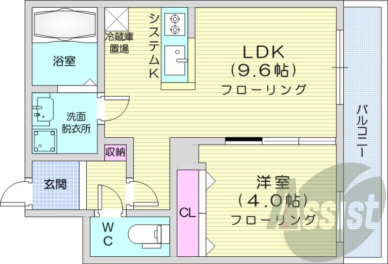 1LDK、エアコン、浴室乾燥機、システムキッチン