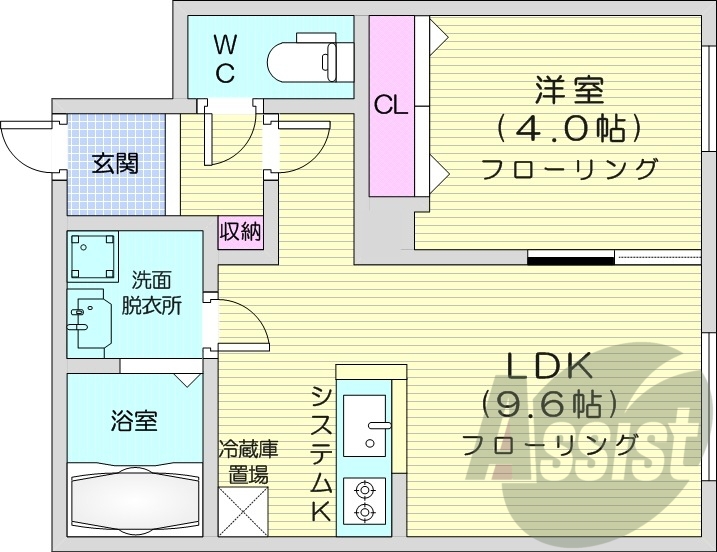 1LDK、エアコン、浴室乾燥機、システムキッチン