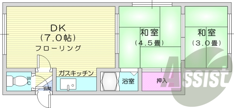 2DK、シューズボックス、収納、バストイレ別