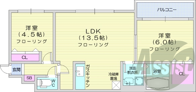 2LDK、角部屋、トランクルーム、独立洗面台、ベランダ