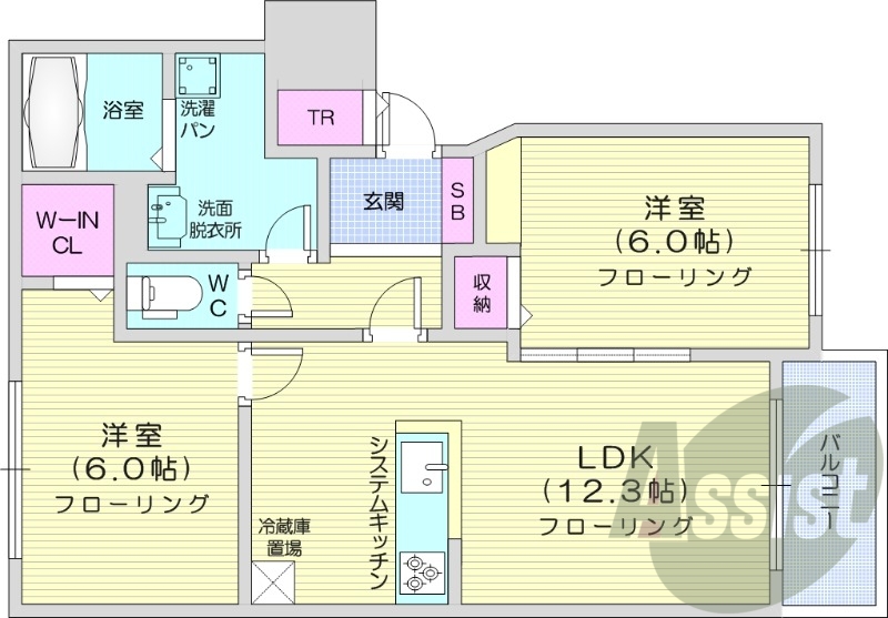 2LDK、都市ガス、追い焚き、浴室乾燥機、システムキッチン