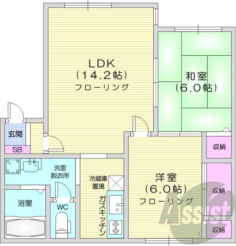 2LDK、独立洗面台、ガスキッチン、ネット無料、