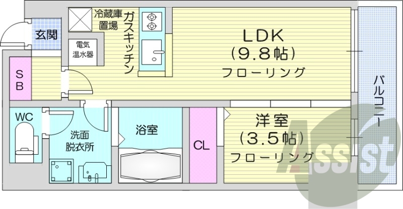 1LDK、都市ガス、システムキッチン、シャワートイレ