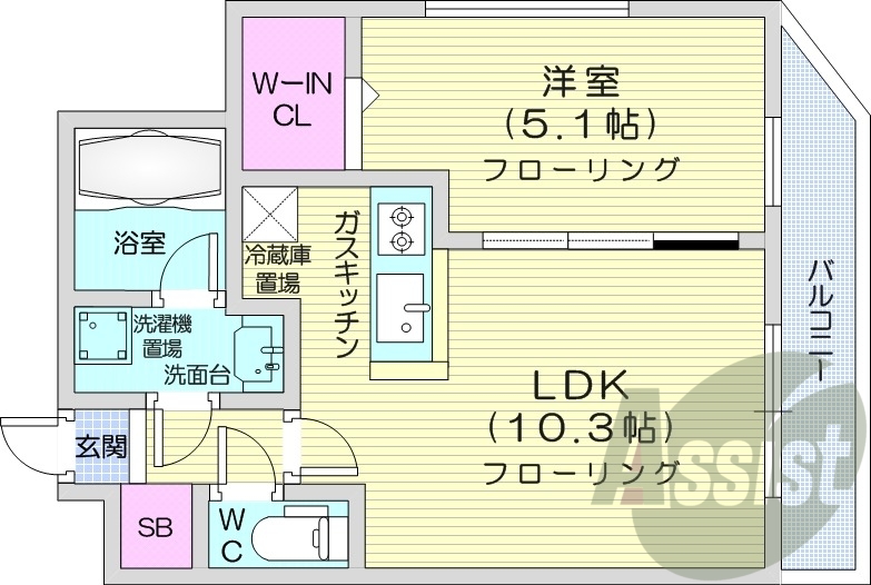 1LDK、都市ガス、オートロック、エアコン