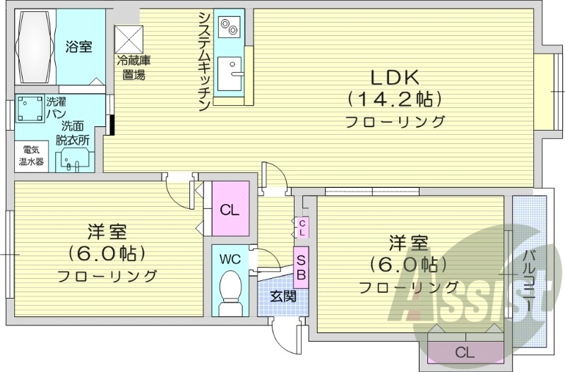 2LDK、モニターホン、収納、洗濯機置場