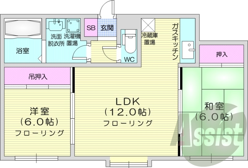 2LDK、灯油暖房、独立洗面台、ガスキッチン