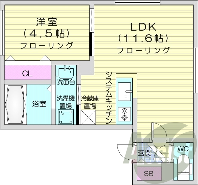 1LDK、エアコン、都市ガス、独立洗面台、システムキッチン