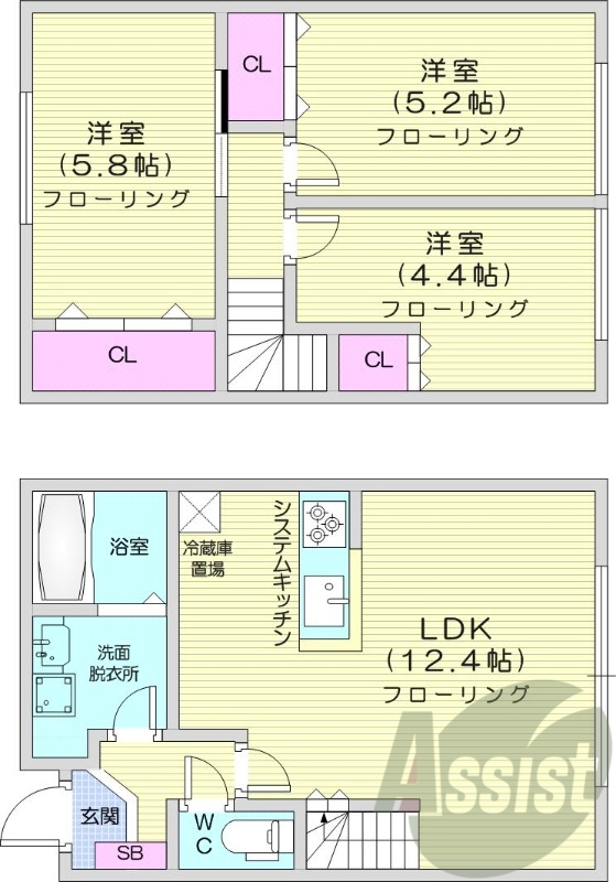 3LDK、エアコン、追い焚き、システムキッチン